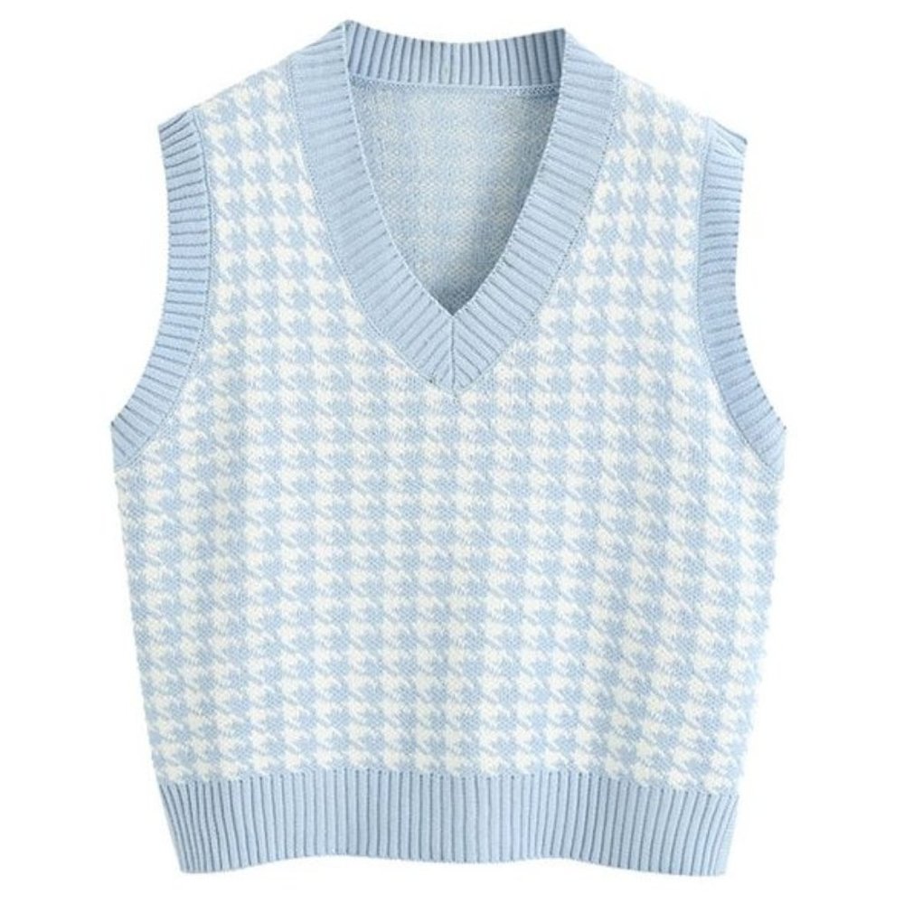 Blue and White Houndstooth Sweater Vest